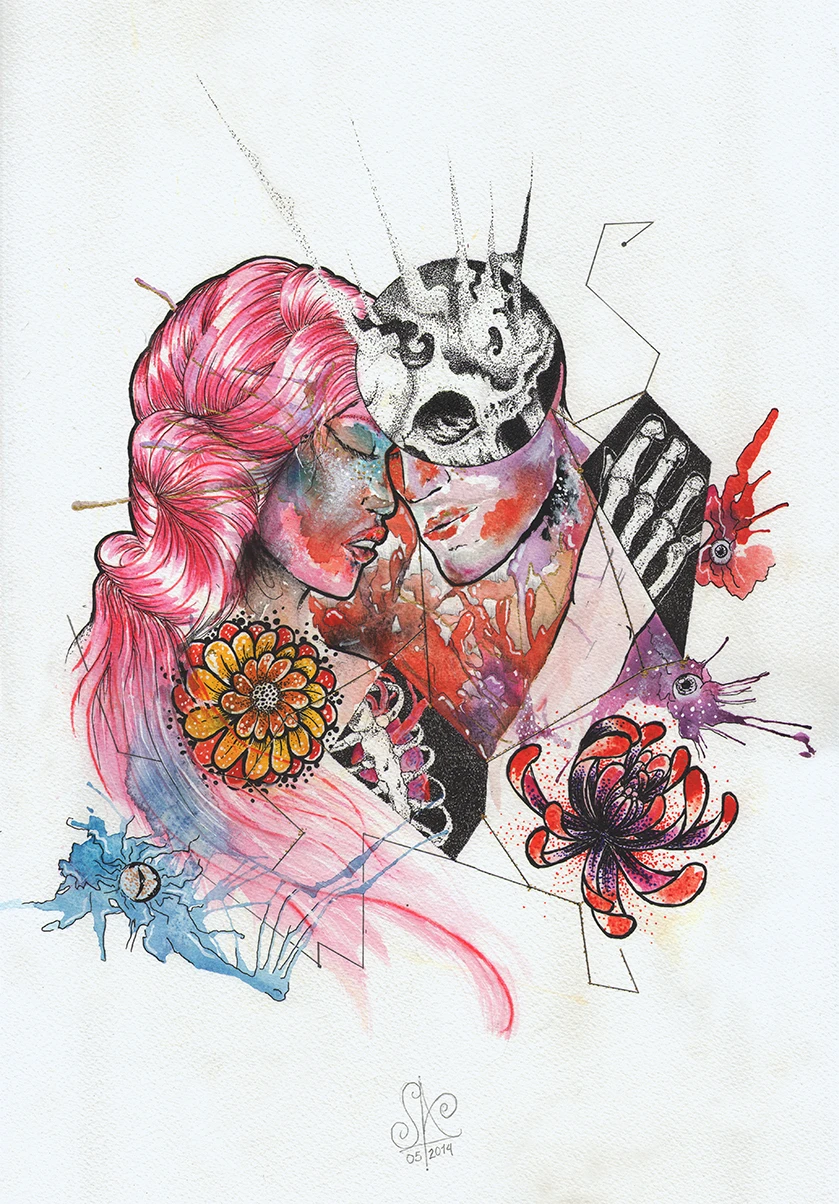 A pink-haired woman and a skeletal masked figure face each other in a tender confrontation — watercolour and digital mixed media illustration with chrysanthemums, ink splashes, and geometric shapes, by Sergio Ayala, May 2014.
